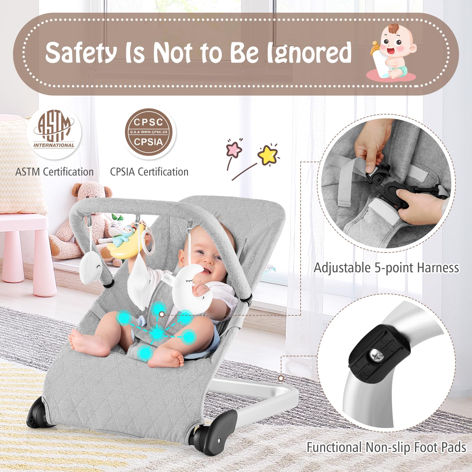 BABY JOY 2 in 1 Baby Bouncer, Portable Baby Rocker with 3-Point Harness,  Folding Stationary Seat Infant Bouncer for Babies, Newborns (Beige)